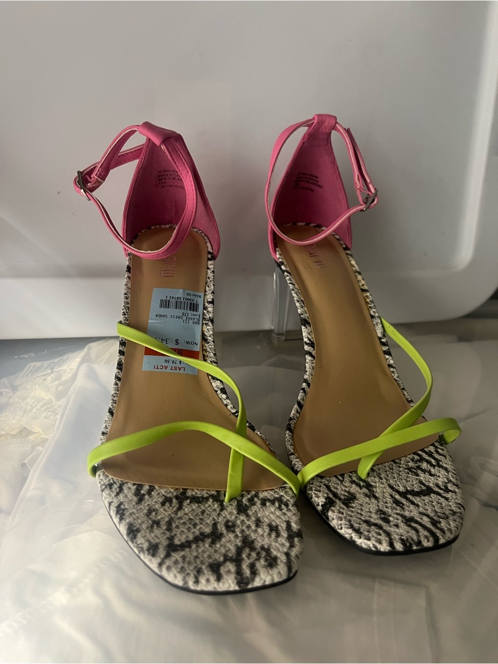 Bar III Neon Pink & Neon Green Snake-Print Ankle-Strap Heels